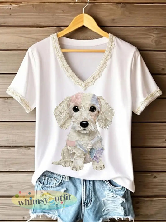 Dameskunst hond kant patchwork bedrukt T-shirt met V-hals - Wit / S
