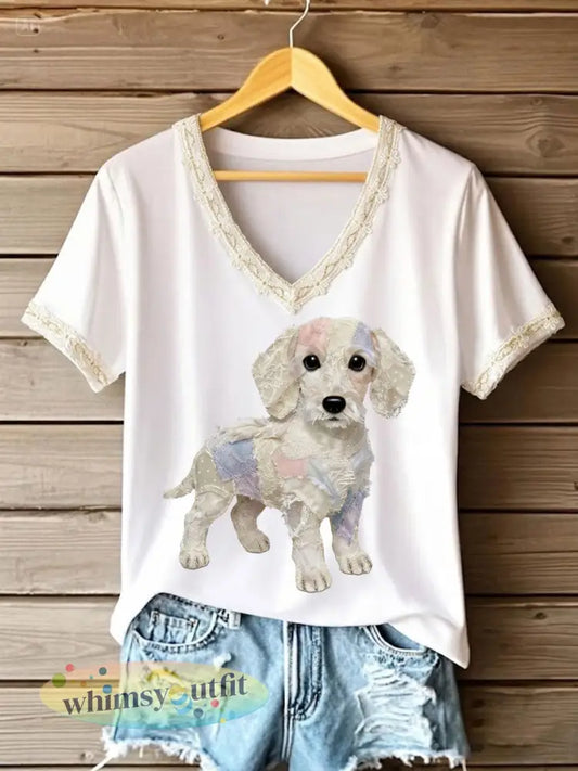 Dameskunst hond kant patchwork bedrukt T-shirt met V-hals - Wit / S