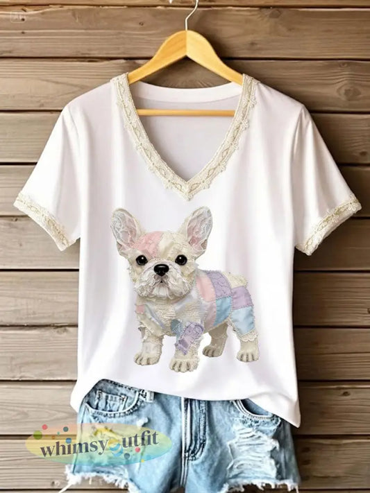 Dameskunst hond kant patchwork bedrukt T-shirt met V-hals - Wit / S