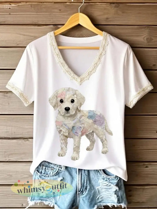 Dameskunst hond kant patchwork bedrukt T-shirt met V-hals - Wit / S