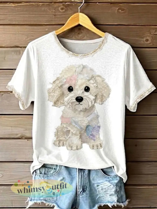 Dameskunst hond kant patchwork bedrukt T-shirt - Wit / S