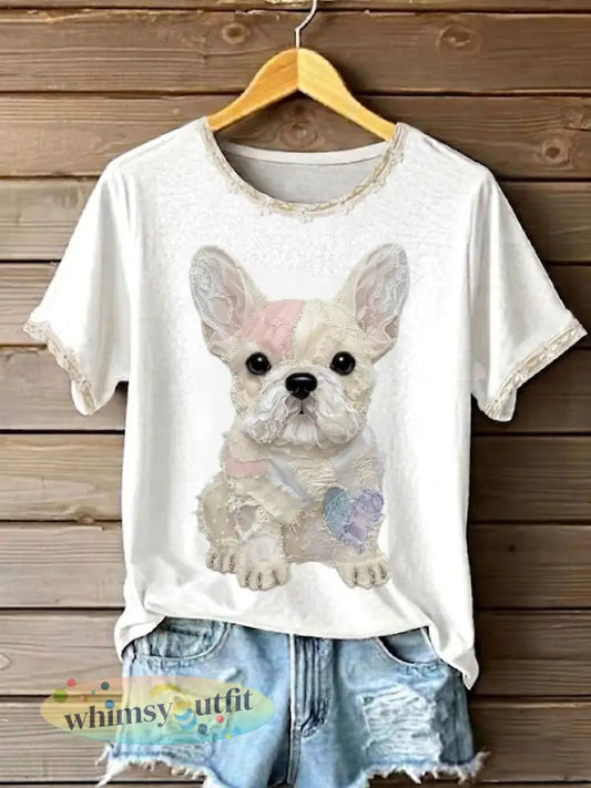 Dameskunst hond kant patchwork bedrukt T-shirt - Wit / S