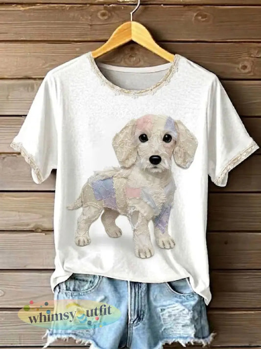 Dameskunst hond kant patchwork bedrukt T-shirt - Wit / S