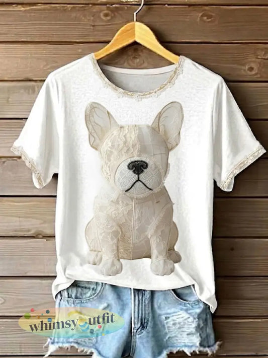 Dameskunst hond kant patchwork bedrukt T-shirt - Wit / S