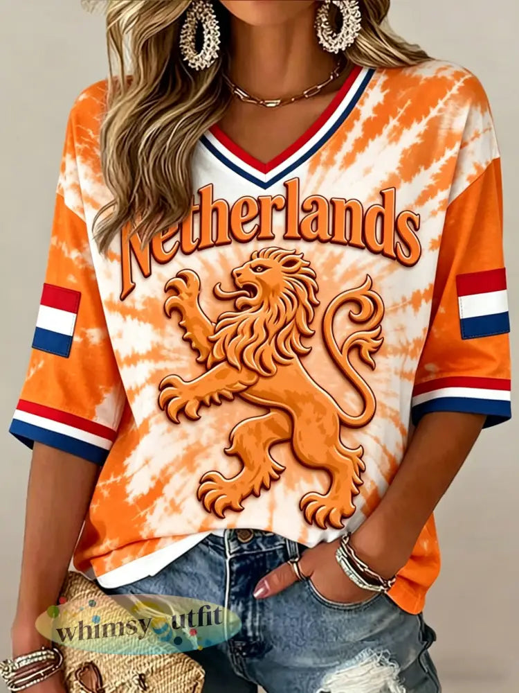 Dameskunstprint met V-hals ter ere van Koningsdag in Nederland - A / S
