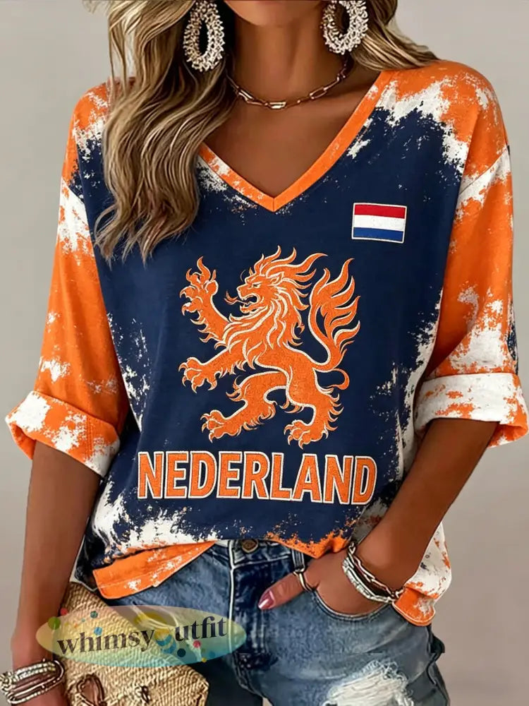 Dameskunstprint met V-hals ter ere van Koningsdag in Nederland - A / S
