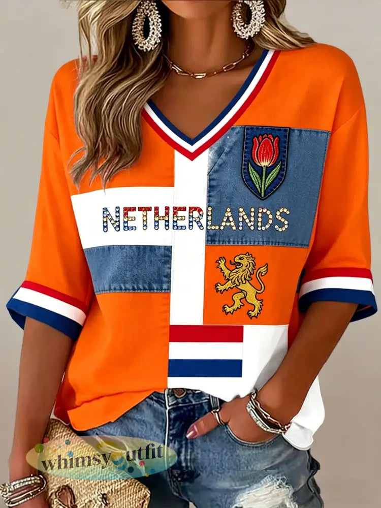 Dameskunstprint met V-hals ter ere van Koningsdag in Nederland - A / S