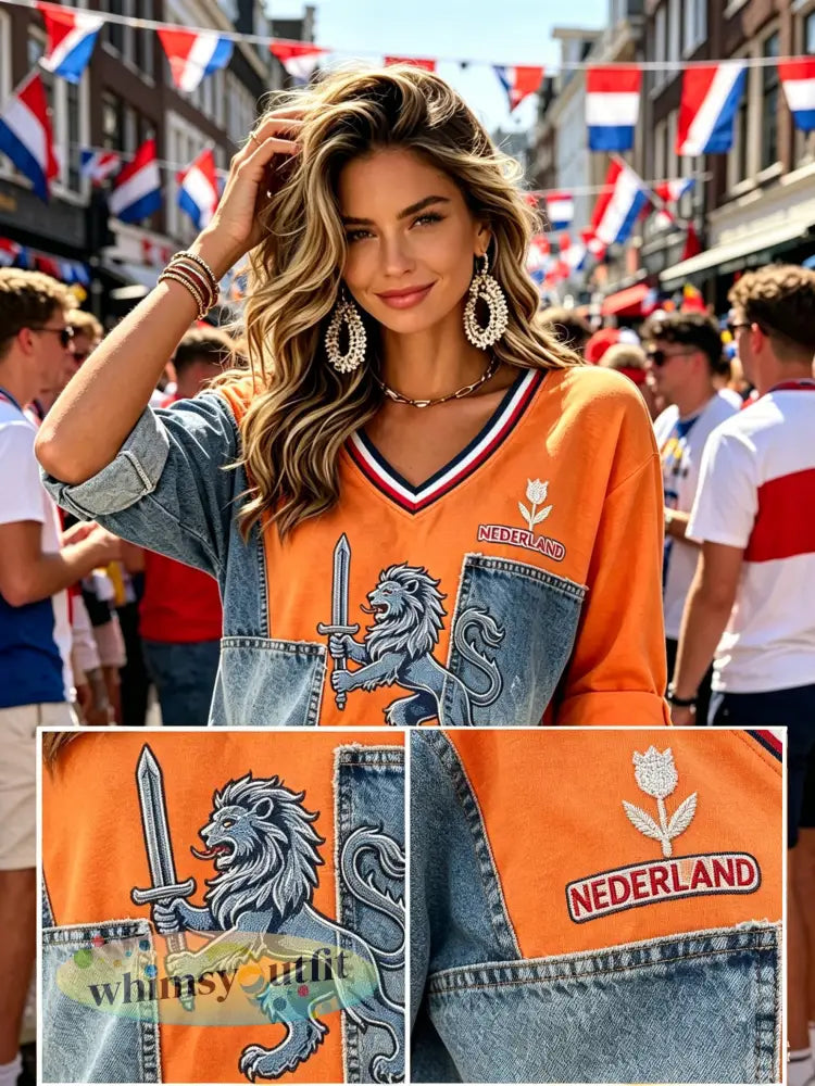 Dameskunstprint met V-hals ter ere van Koningsdag in Nederland - G / S