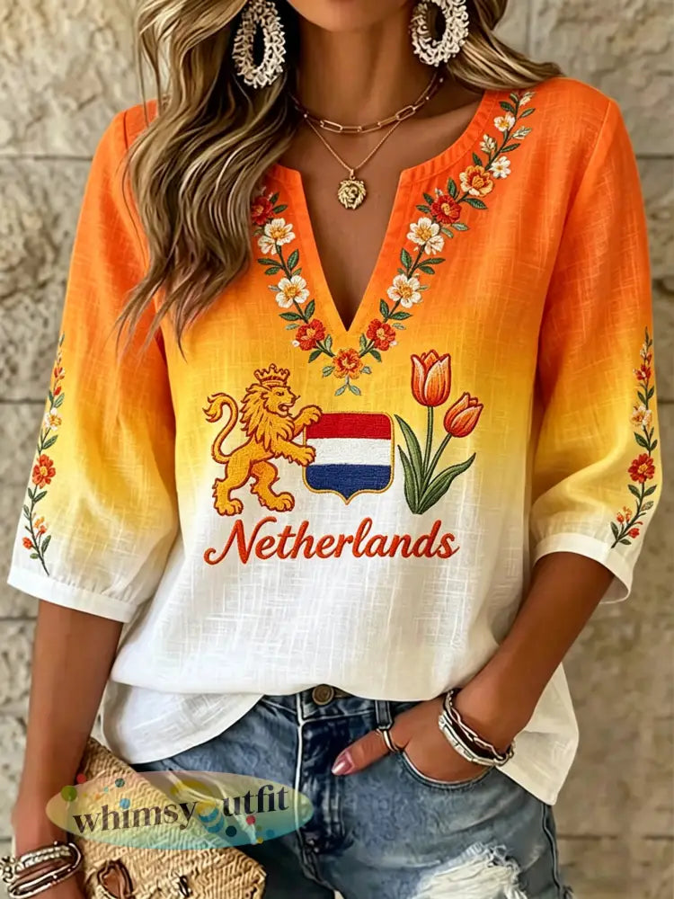Dameskunstprint ter herinnering aan Koningsdag met V-hals - A / S