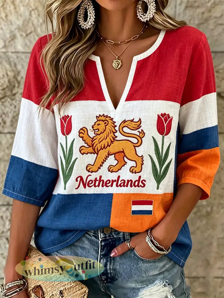 Dameskunstprint ter herinnering aan Koningsdag met V-hals - A / S