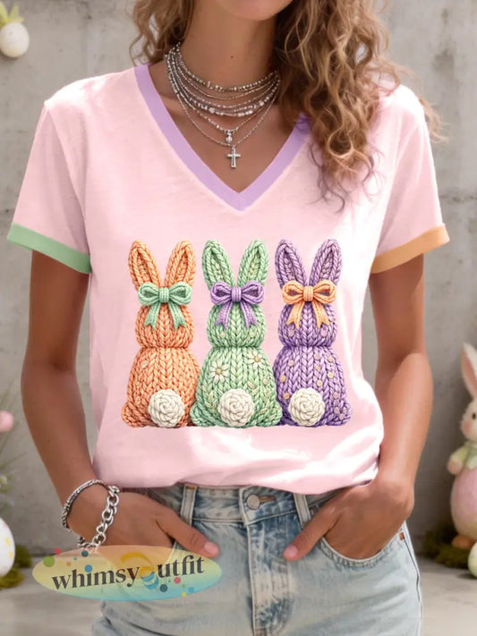 Damesleuk konijnenpatroon t-shirt met V-hals - Roze / S