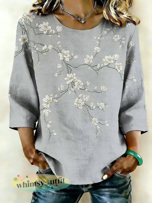 Dameslinnen shirt met bloemenmotief - als foto / S