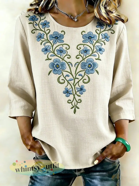 Dameslinnen shirt met bloemenmotief - als foto / S