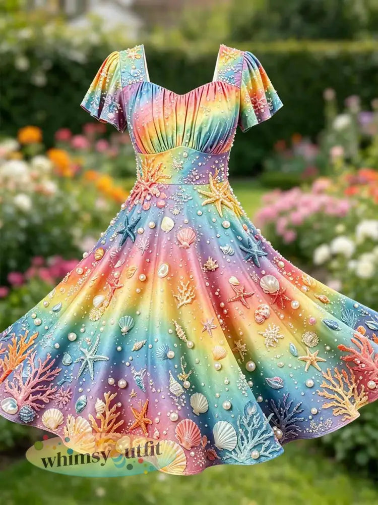Damesmode regenboogkunstprint casual jurk - als foto / S