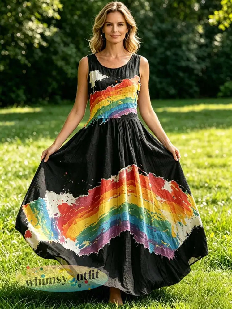 Damesmode regenboogkunstprint casual jurk - als foto / S