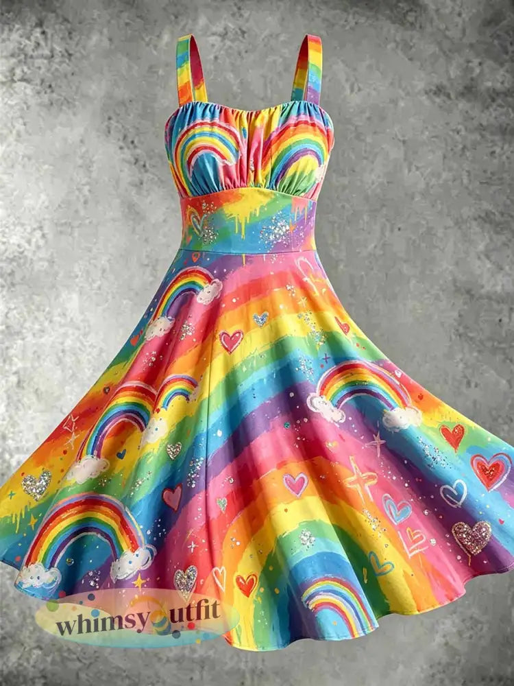 Damesmode regenboogprint casual jurk - als foto / S
