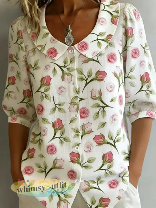 Damesoverhemd met bloemenprint voor dagelijks gebruik - Wit / S