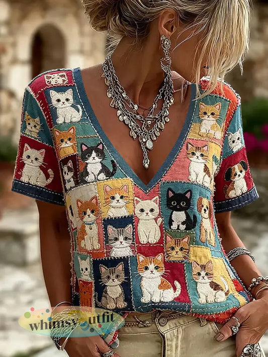 Damesoverhemd met kattenprint casual - als foto / S