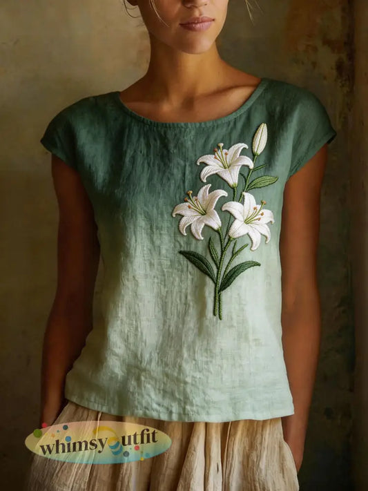 Damesoverhemd van linnenmix met elegante leliënmotieven - Groen / S