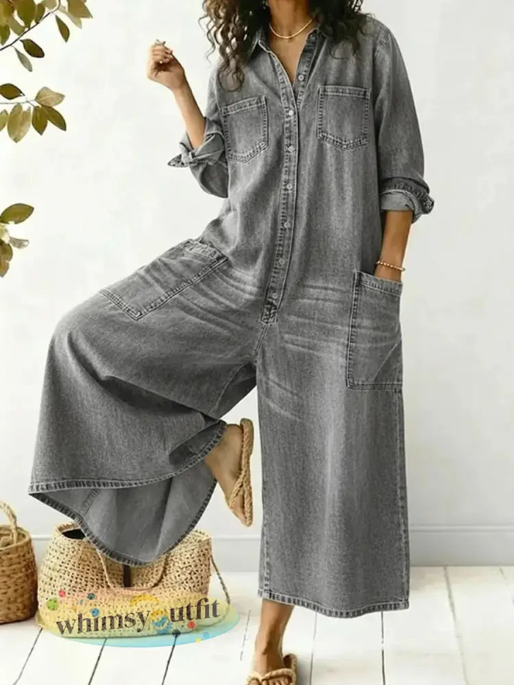 Damesoverhemdjurk met enkele rij knopen loszittende jumpsuit - Grijs / S