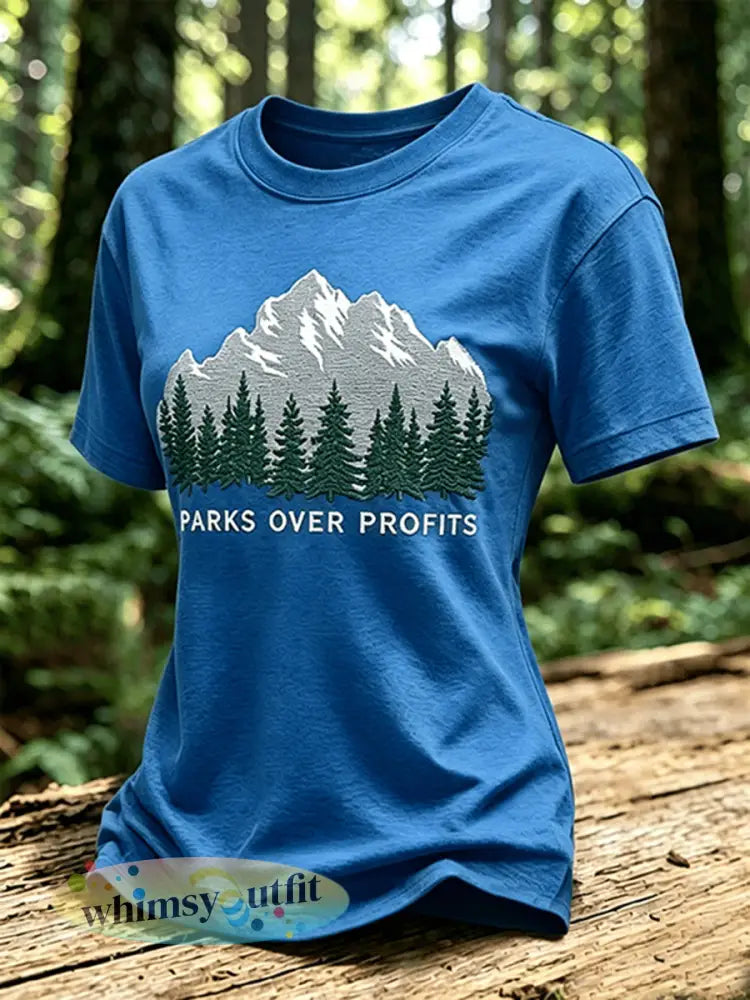 Damesparken over winsten gedrukt casual T-shirt - Blauw / S