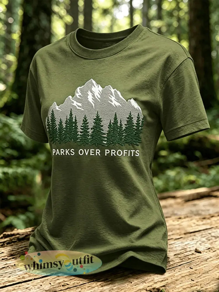 Damesparken over winsten gedrukt casual T-shirt - Legergroen / S