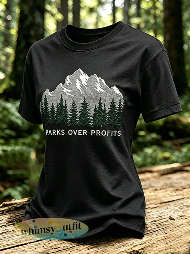 Damesparken over winsten gedrukt casual T-shirt - Zwart / S