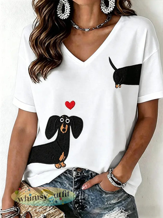 Damespatroon T-shirt met V-hals - Wit / S