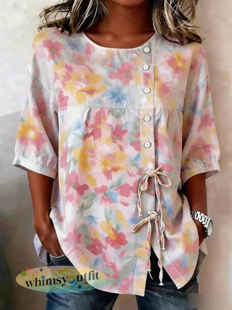 Damesplanten en bloemen Geknoopt en geregen linnen blend shirt - als foto / S