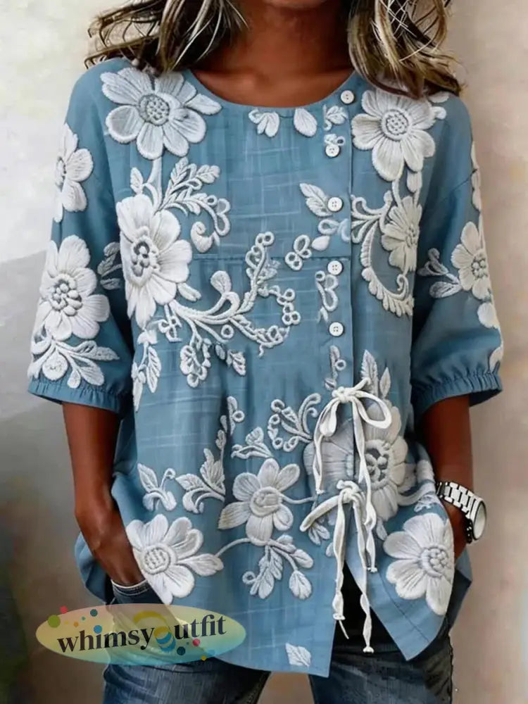 Damesplanten en bloemen Geknoopt en geregen linnen blend shirt - Blauw / S
