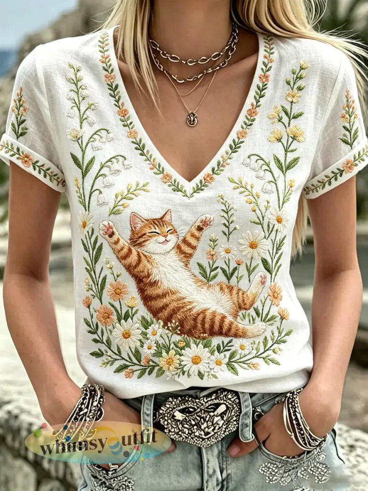 Damesplanten En Bloemen Leuke Kat Print V-hals Casual T-shirt - Wit / S