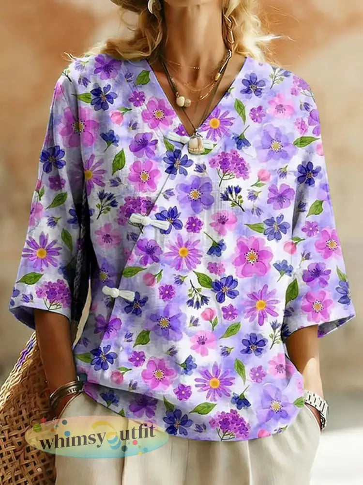 Damesplanten en bloemen linnen blend shirt - als foto / S