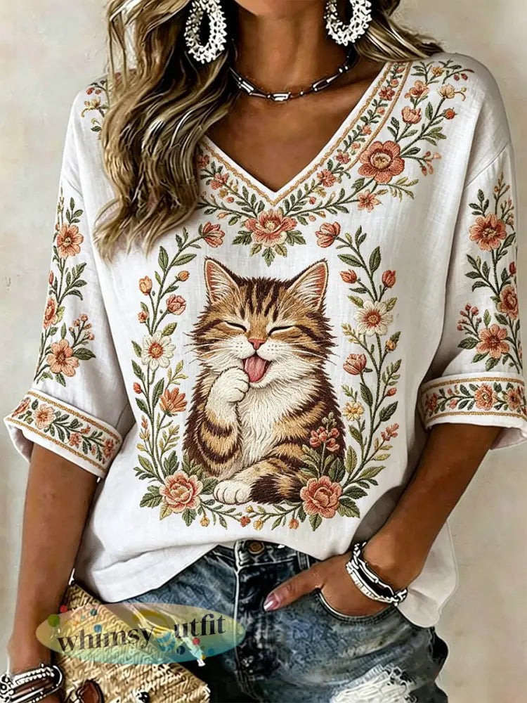 Damesplanten en bloemen schattig kattenprint casual T-shirt - als foto / S