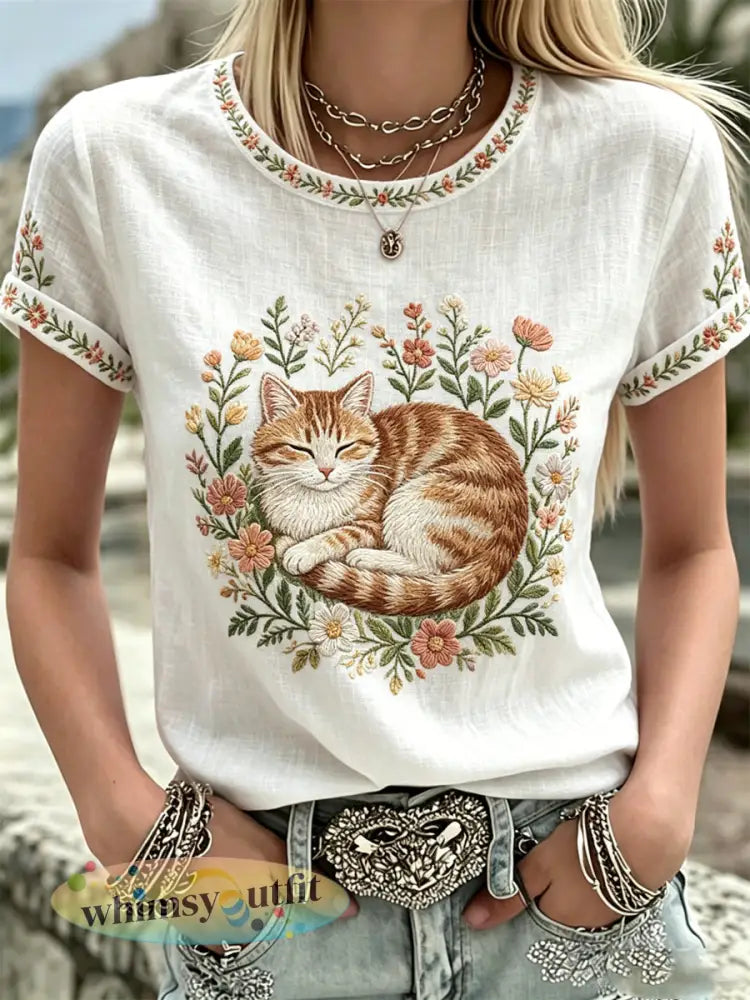 Damesplanten en bloemen Schattige Kat Print Casual T-shirt - Wit / S