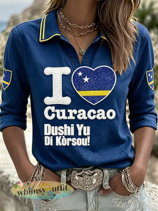 Damespoloshirt in diepblauw met vlaggenprint van Curaçao casual stijl - Diep Blauw / S