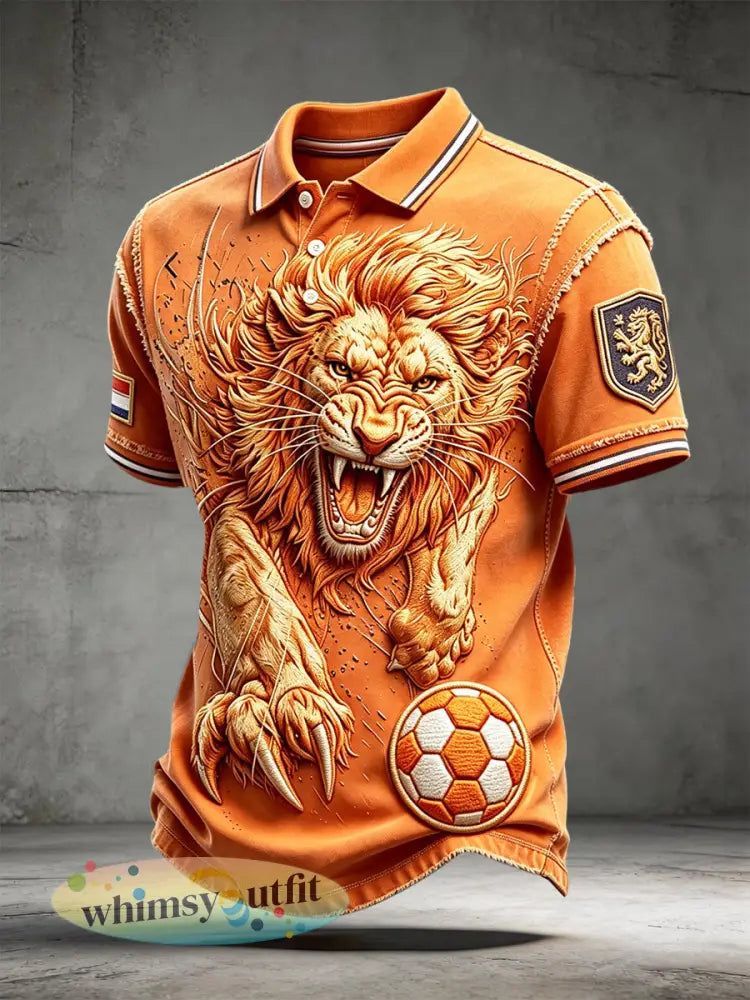 Damespoloshirt met 3D-print van Nederlandse voetbaltroepen voor heren - Sinaasappel / S