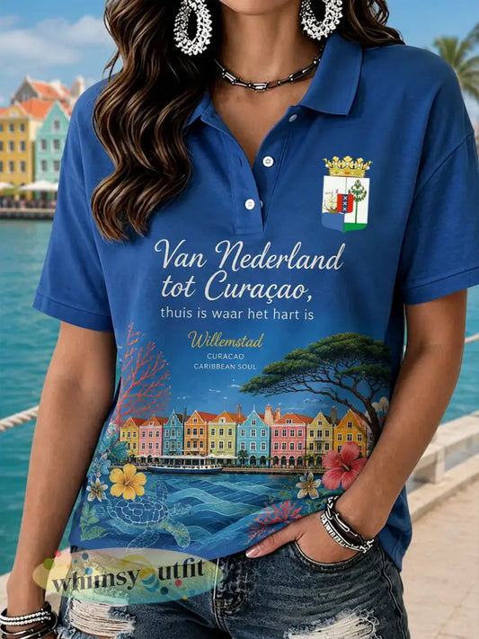 Damespoloshirt met korte mouwen en een door eilandleven geïnspireerde herdenkingsprint - A / S