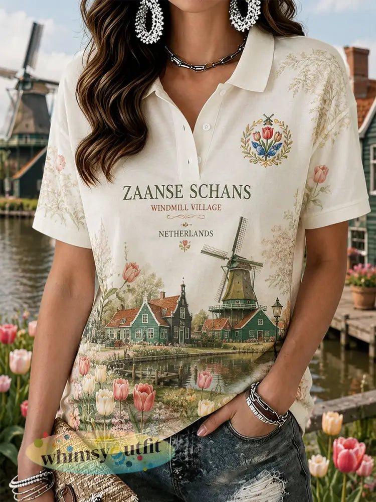 Damespoloshirt met korte mouwen en een souvenirprint van het Dorp met de Windmolen - A / S