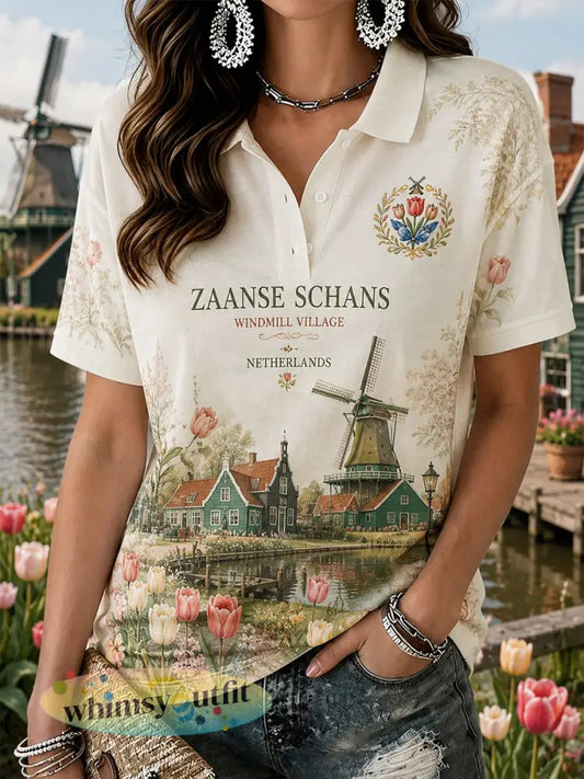 Damespoloshirt met korte mouwen en een souvenirprint van het Dorp met de Windmolen - A / S