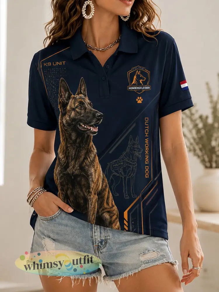 Damespoloshirt met korte mouwen en grafische print met politiehondmotief - A / S