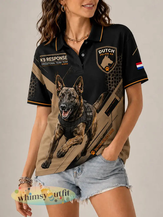 Damespoloshirt met korte mouwen en grafische print met politiehondmotief - A / S