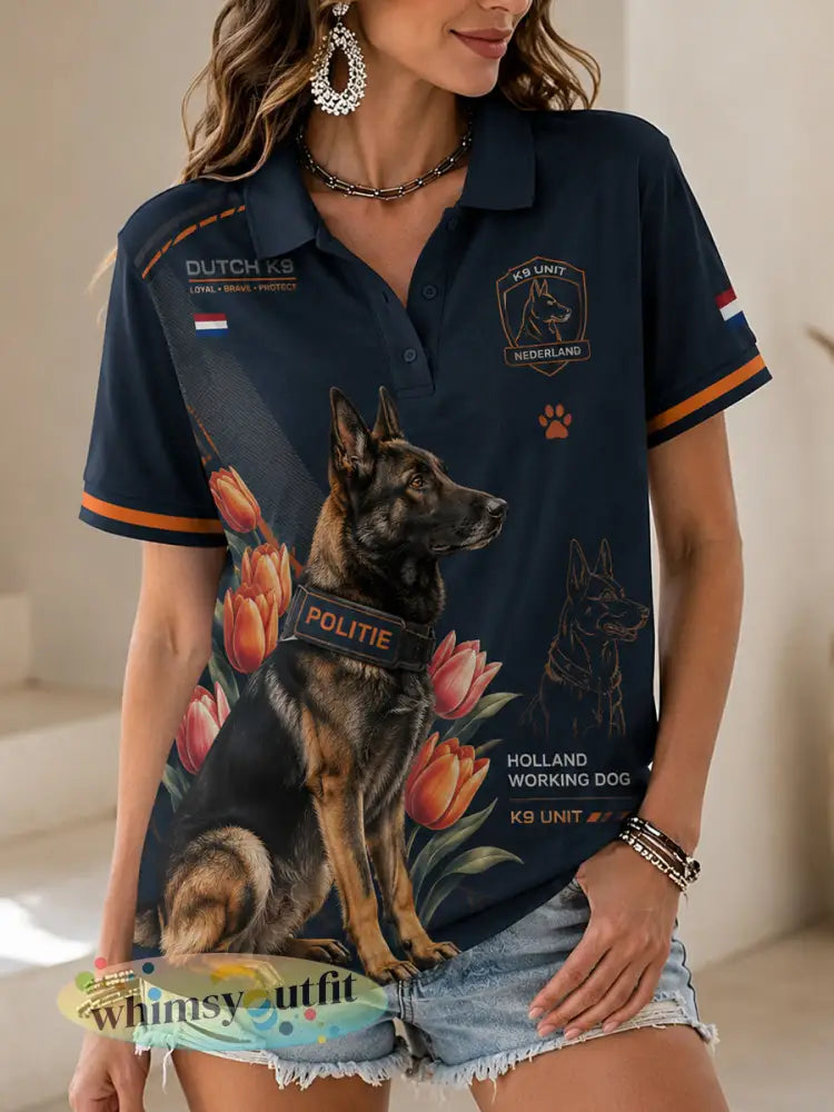 Damespoloshirt met korte mouwen en grafische print met politiehondmotief - A / S