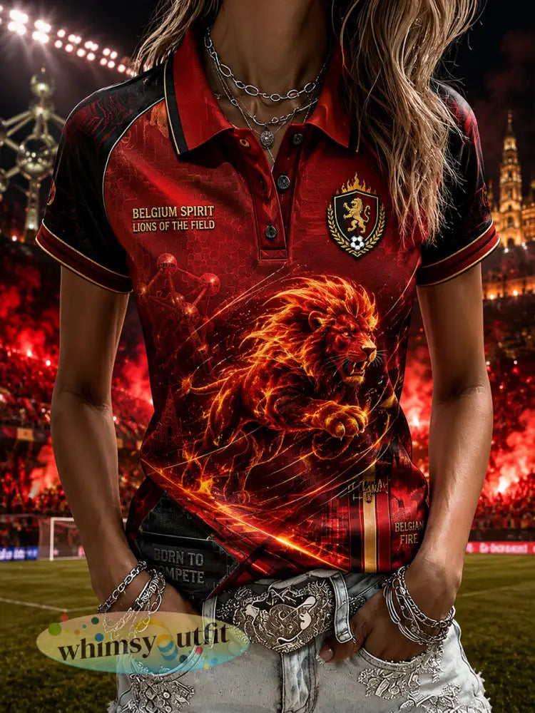 Damespoloshirt met korte mouwen en voetballeeuwendessin - A / S