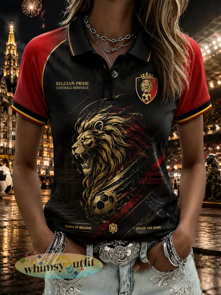 Damespoloshirt met korte mouwen en voetballeeuwendessin - A / S