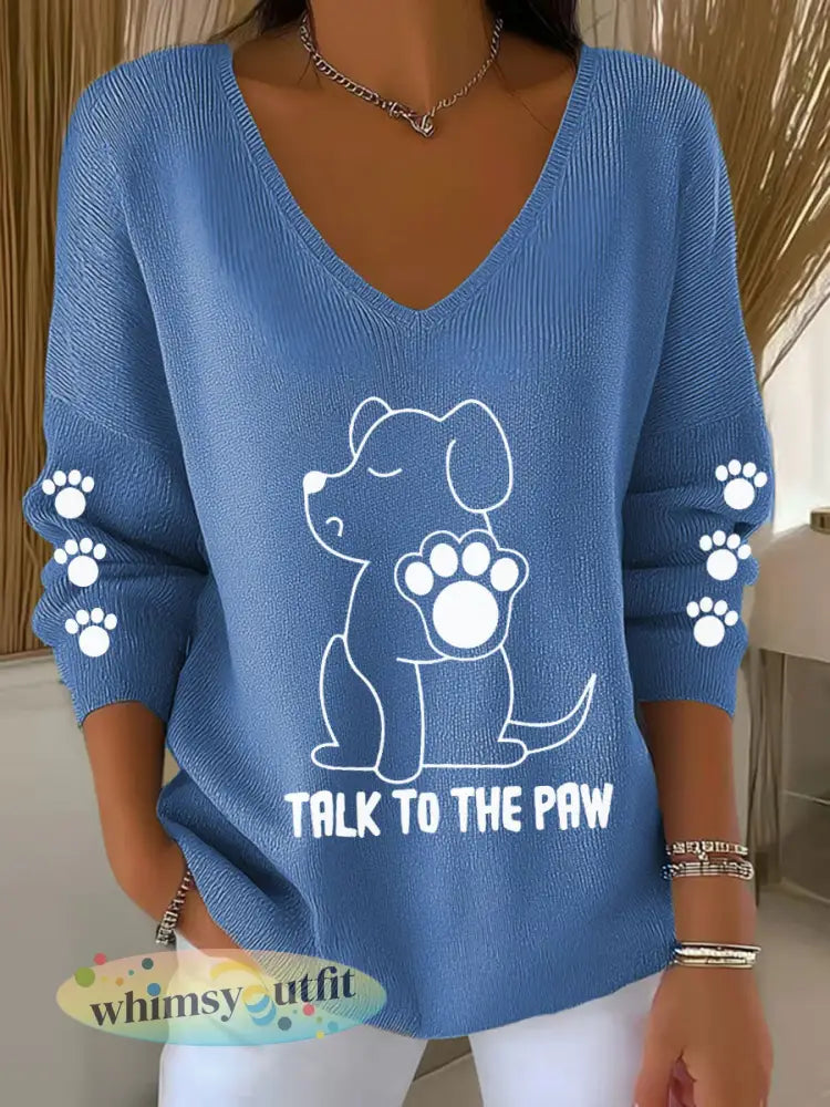 Damespraat met de Poot Hond V-hals Tops - Blauw / S