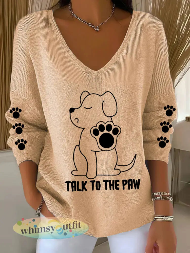 Damespraat met de Poot Hond V-hals Tops - Kaki / S