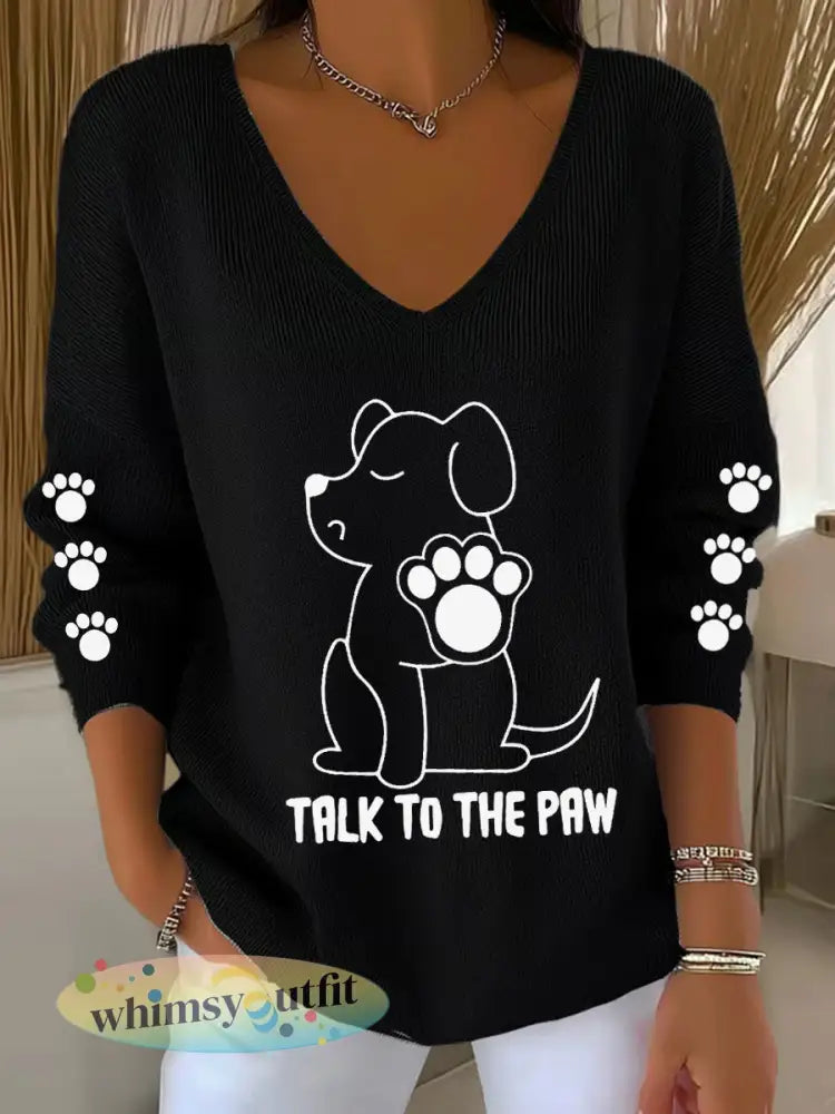 Damespraat met de Poot Hond V-hals Tops - Zwart / S