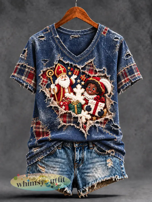 Damesretro blauw Nederlands Sinterklaasprint casual T-shirt met V-hals - Blauw / S