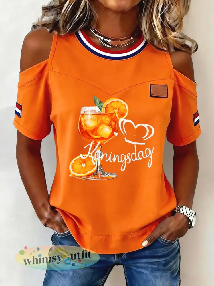 Damesretro casual T-shirt met off-shoulder en Koningsdag-thema - Sinaasappel / S