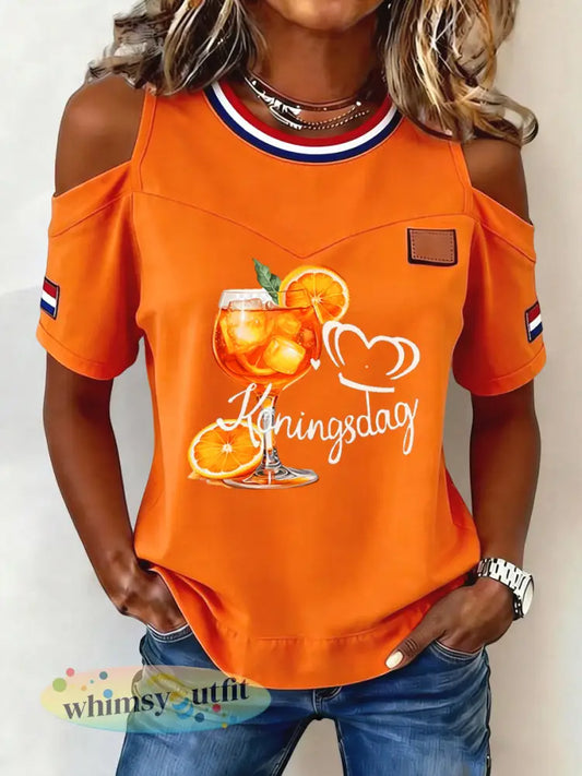 Damesretro casual T-shirt met off-shoulder en Koningsdag-thema - Sinaasappel / S